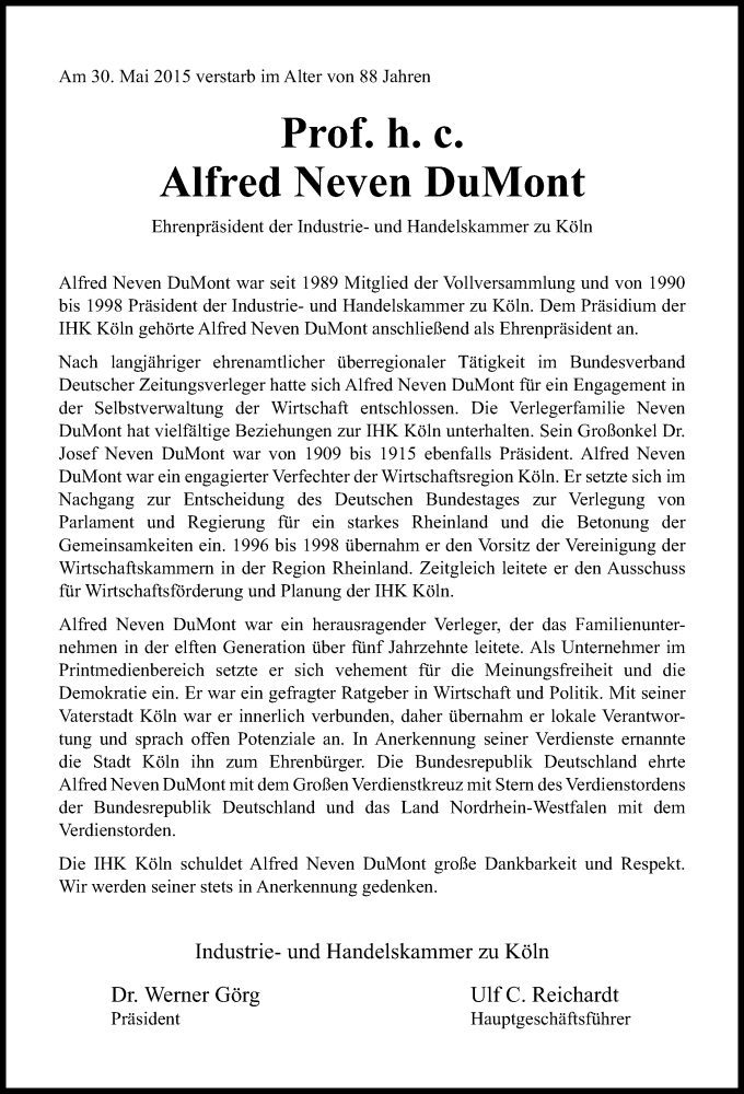  Traueranzeige für Alfred Neven DuMont vom 06.06.2015 aus Kölner Stadt-Anzeiger / Kölnische Rundschau / Express