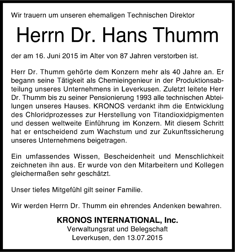  Traueranzeige für Hans Thumm vom 13.07.2015 aus Kölner Stadt-Anzeiger / Kölnische Rundschau / Express