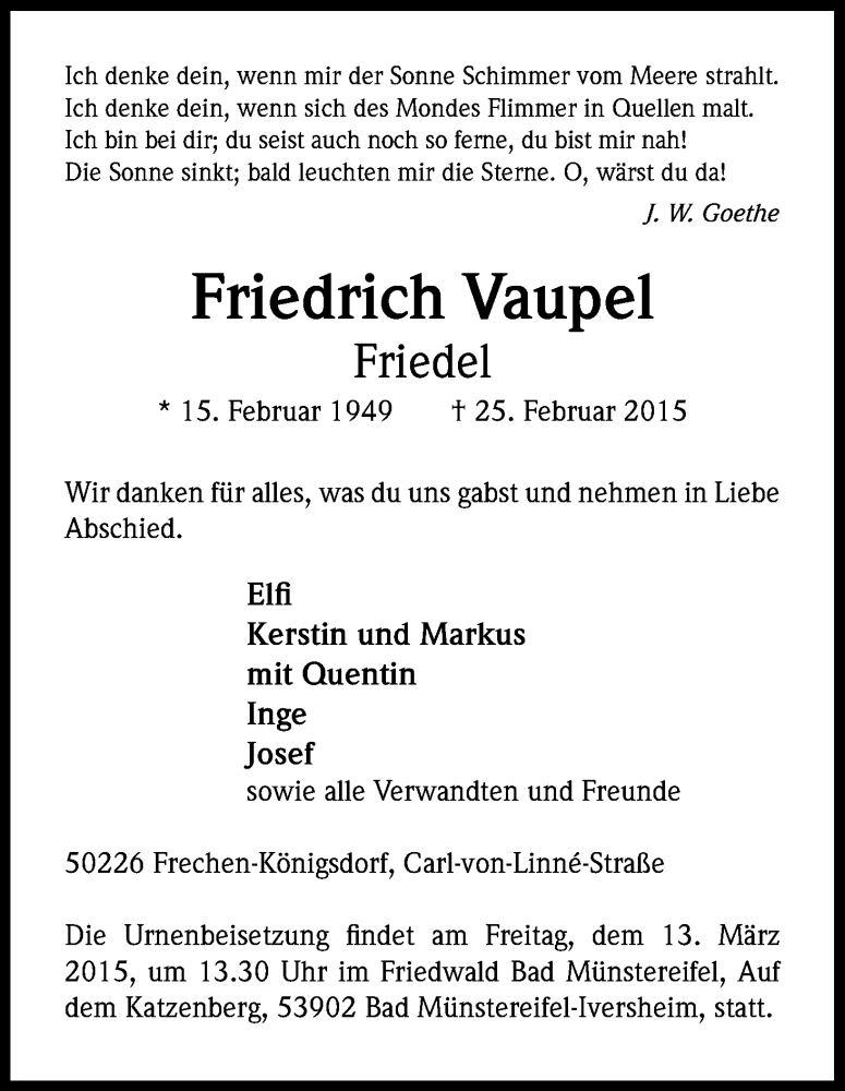  Traueranzeige für Friedrich Vaupel vom 07.03.2015 aus Kölner Stadt-Anzeiger / Kölnische Rundschau / Express