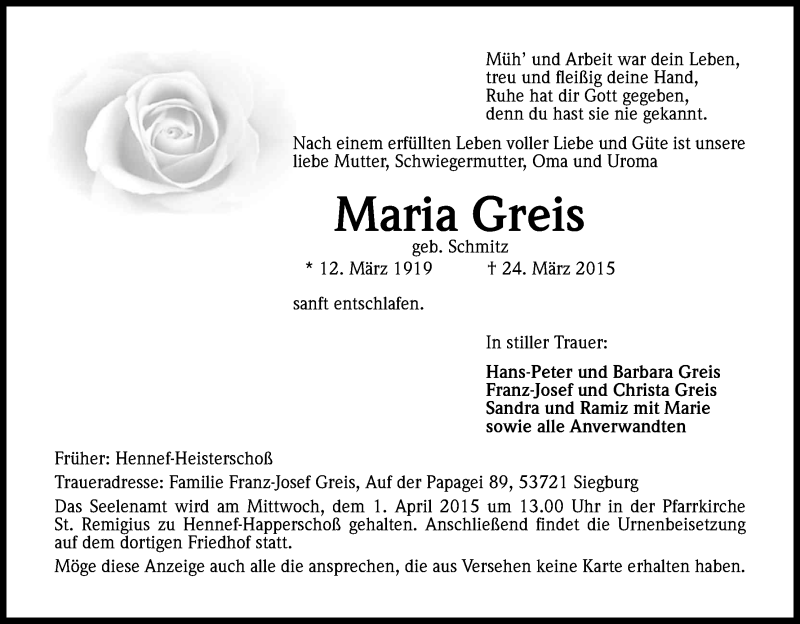  Traueranzeige für Maria Greis vom 28.03.2015 aus Kölner Stadt-Anzeiger / Kölnische Rundschau / Express