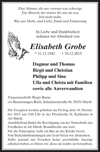 Anzeige von Elisabeth Grobe von  Wochenende 