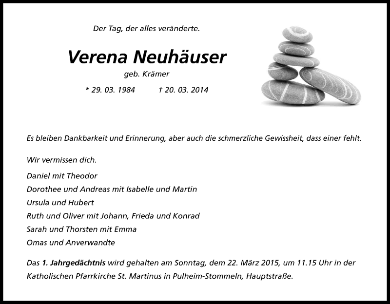  Traueranzeige für Verena Neuhäuser vom 20.03.2015 aus Kölner Stadt-Anzeiger / Kölnische Rundschau / Express