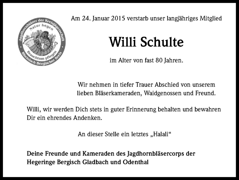  Traueranzeige für Willi Schulte vom 07.02.2015 aus Kölner Stadt-Anzeiger / Kölnische Rundschau / Express