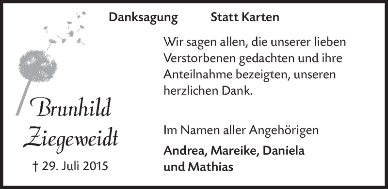  Traueranzeige für Brunhild Ziegeweidt vom 23.09.2015 aus  Anzeigen Echo 