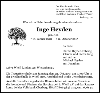 Anzeige von Inge Heyden von Kölner Stadt-Anzeiger / Kölnische Rundschau / Express
