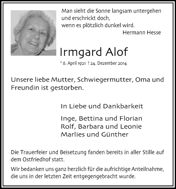 Anzeige von Irmgard Alof von Kölner Stadt-Anzeiger / Kölnische Rundschau / Express