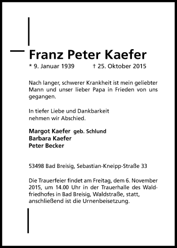 Anzeige von Franz Peter Kaefer von Kölner Stadt-Anzeiger / Kölnische Rundschau / Express