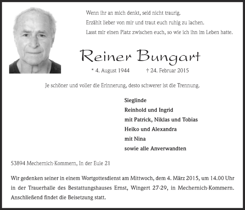  Traueranzeige für Reiner Bungart vom 01.03.2015 aus  Blickpunkt Euskirchen 