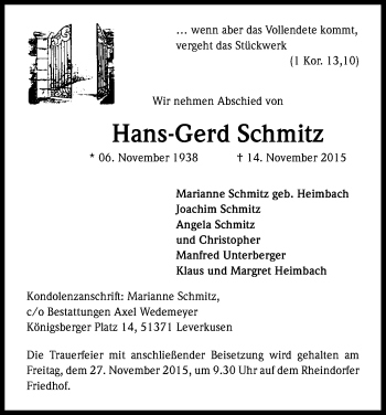 Anzeige von Hans-Gerd Schmitz von Kölner Stadt-Anzeiger / Kölnische Rundschau / Express