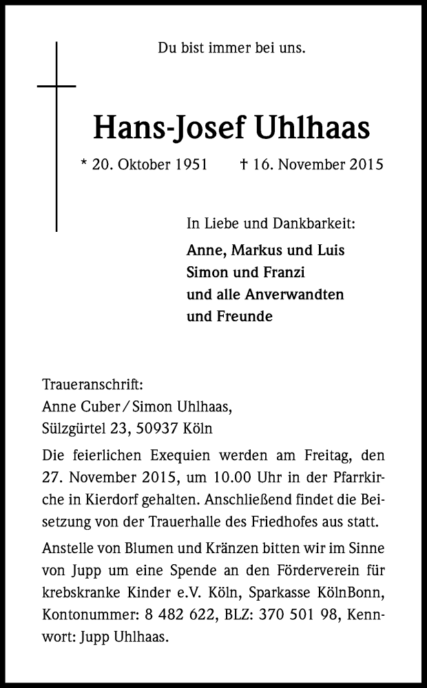  Traueranzeige für Hans-Josef Uhlhaas vom 25.11.2015 aus Kölner Stadt-Anzeiger / Kölnische Rundschau / Express