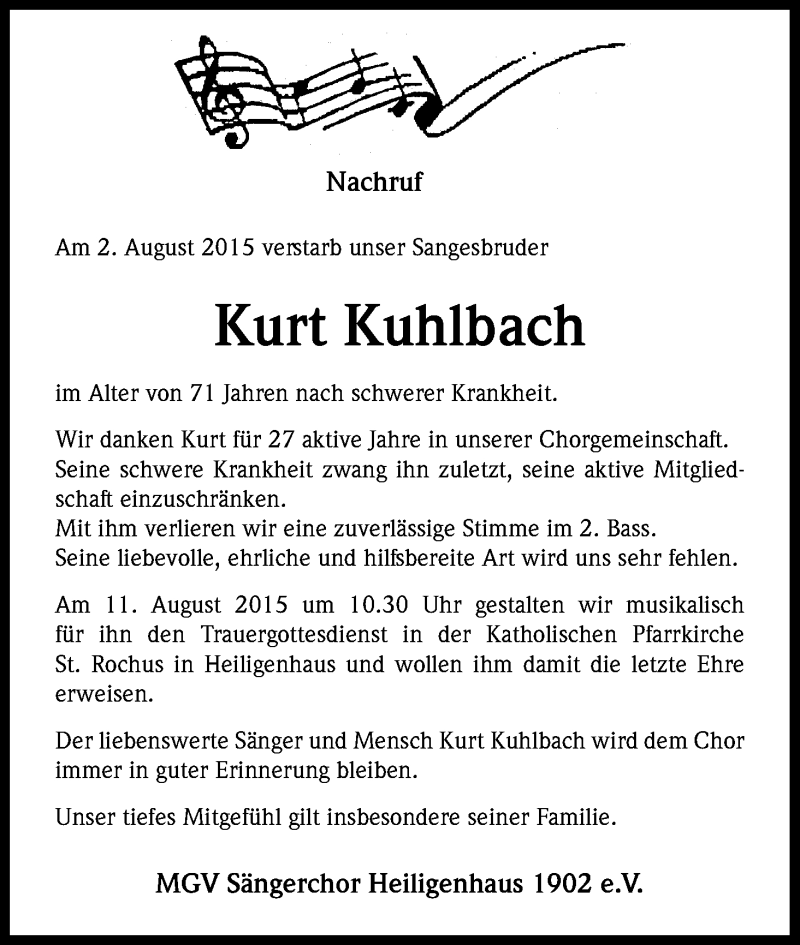  Traueranzeige für Kurt Kuhlbach vom 08.08.2015 aus Kölner Stadt-Anzeiger / Kölnische Rundschau / Express