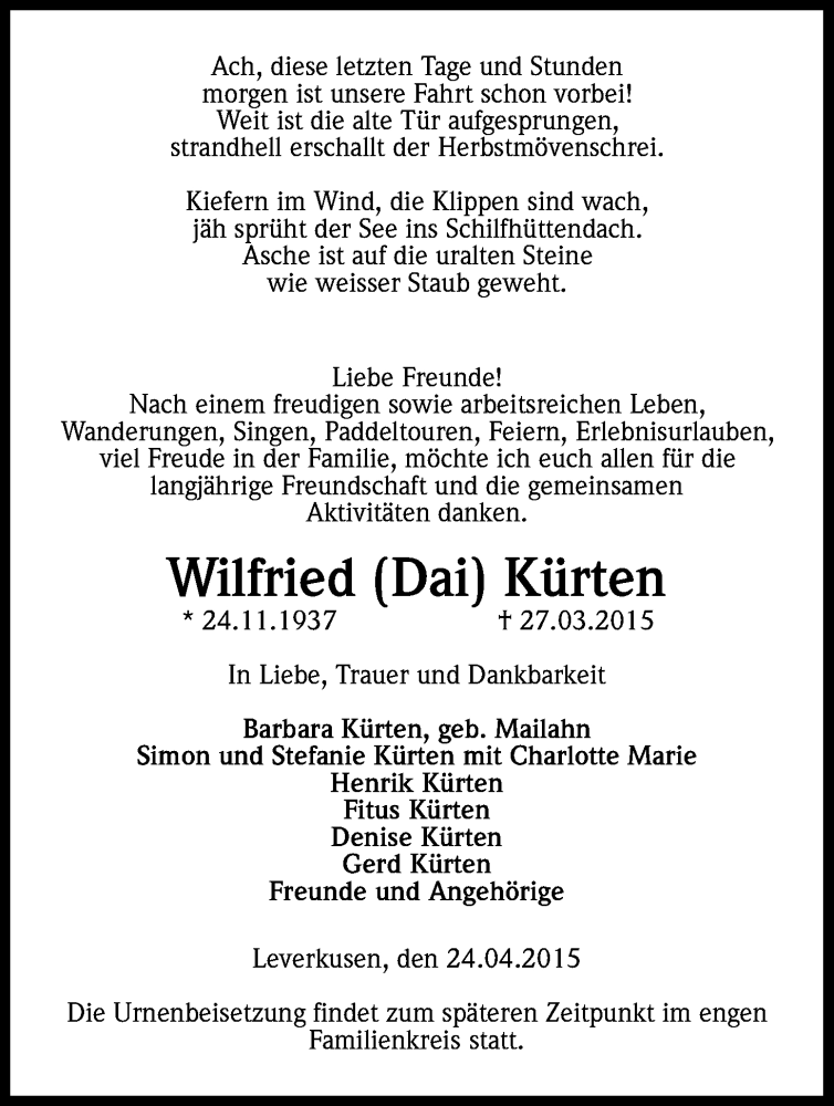  Traueranzeige für Wilfried  Kürten vom 24.04.2015 aus Kölner Stadt-Anzeiger / Kölnische Rundschau / Express