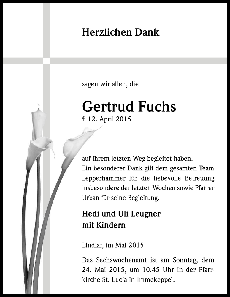 Traueranzeige für Gertrud Fuchs vom 16.05.2015 aus Kölner Stadt-Anzeiger / Kölnische Rundschau / Express