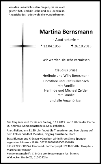 Anzeige von Martina Bernsmann von Kölner Stadt-Anzeiger / Kölnische Rundschau / Express