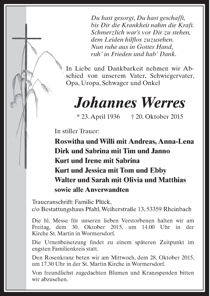  Traueranzeige für Johannes Werres vom 28.10.2015 aus  Schaufenster/Blickpunkt 