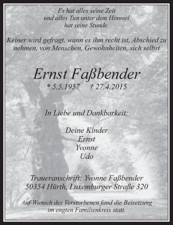 Anzeige von Ernst Faßbender von  Wochenende 