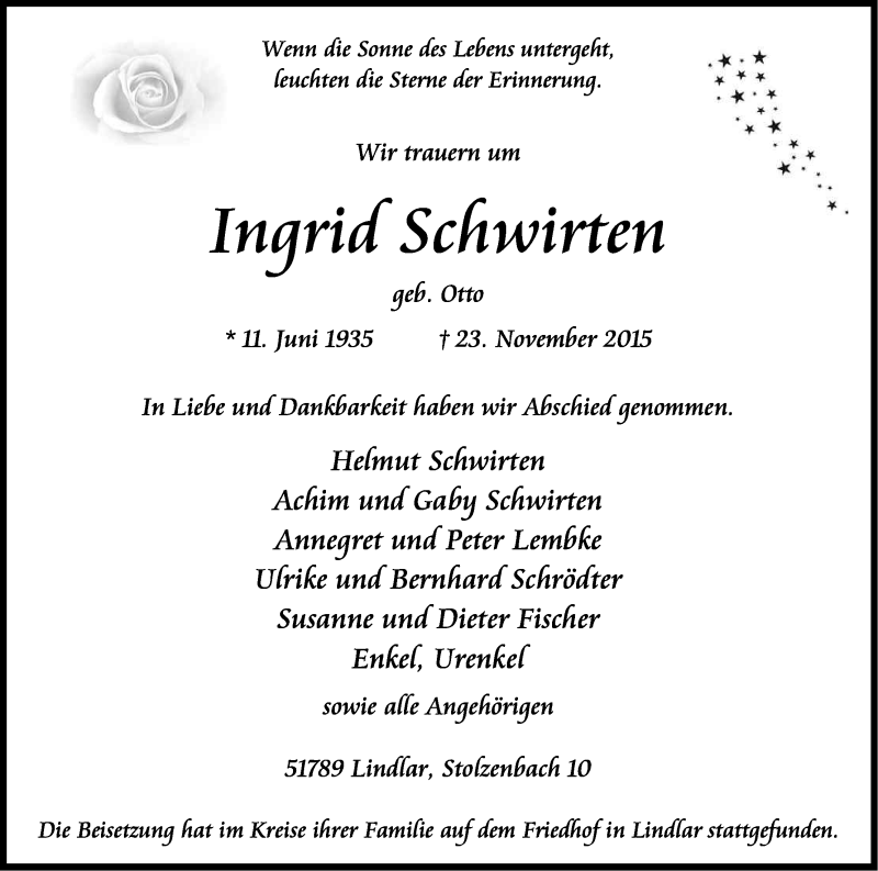  Traueranzeige für Ingrid Schwirten vom 05.12.2015 aus Kölner Stadt-Anzeiger / Kölnische Rundschau / Express