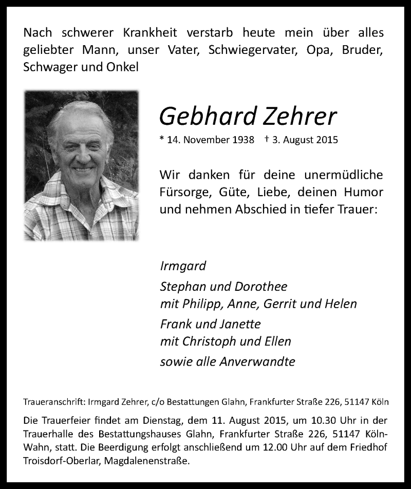  Traueranzeige für Gebhard Zehrer vom 08.08.2015 aus 