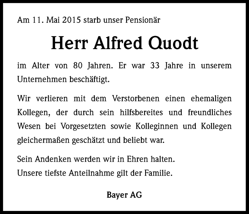  Traueranzeige für Alfred Quodt vom 22.05.2015 aus Kölner Stadt-Anzeiger / Kölnische Rundschau / Express