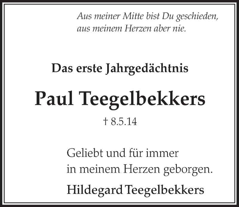 Traueranzeige für Paul Teegelbekkers vom 06.05.2015 aus  Schlossbote/Werbekurier 