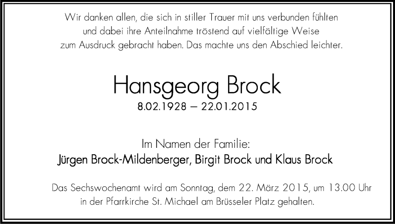  Traueranzeige für Hansgeorg Brock vom 14.03.2015 aus Kölner Stadt-Anzeiger / Kölnische Rundschau / Express