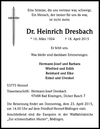 Anzeige von Heinrich Dresbach von Kölner Stadt-Anzeiger / Kölnische Rundschau / Express