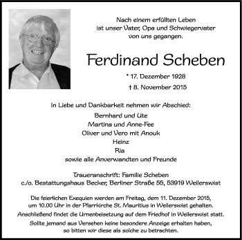 Anzeige von Ferdinand Scheben von Kölner Stadt-Anzeiger / Kölnische Rundschau / Express