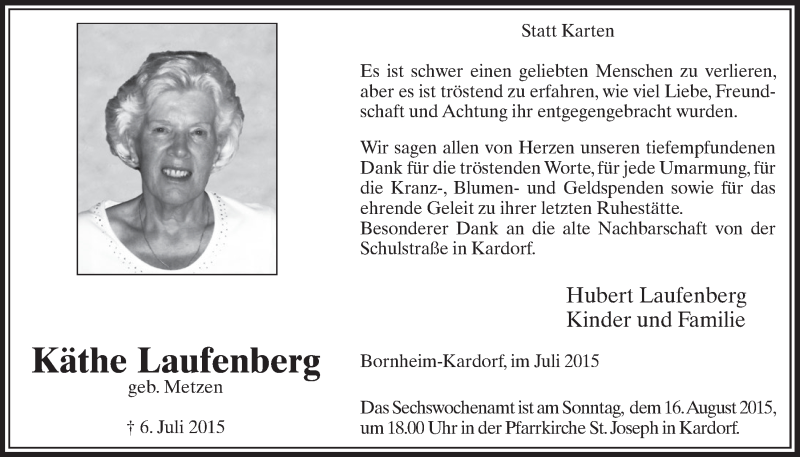  Traueranzeige für Käthe Laufenberg vom 29.07.2015 aus  Schlossbote/Werbekurier 
