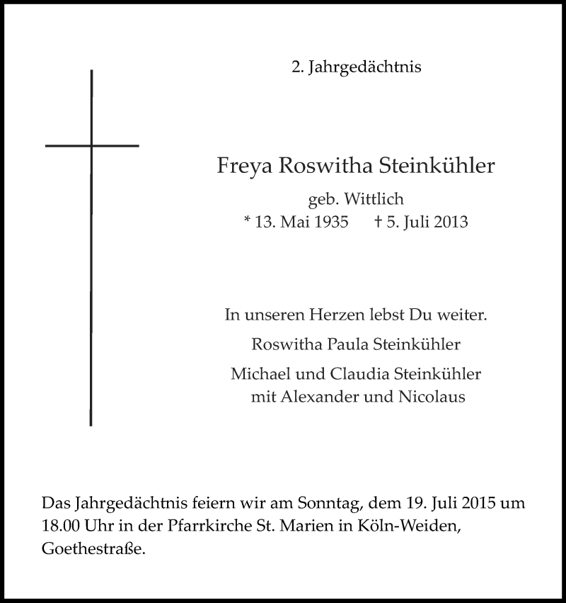  Traueranzeige für Freya Roswitha Steinkühler vom 04.07.2015 aus Kölner Stadt-Anzeiger / Kölnische Rundschau / Express
