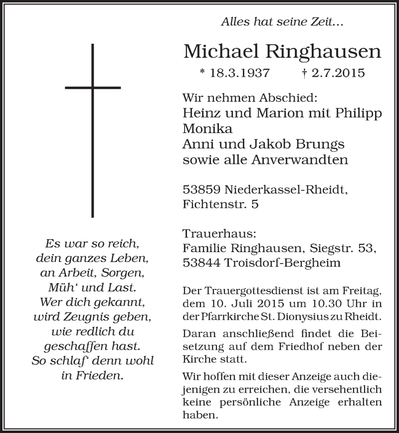  Traueranzeige für Michael Ringhausen vom 08.07.2015 aus  Extra Blatt 