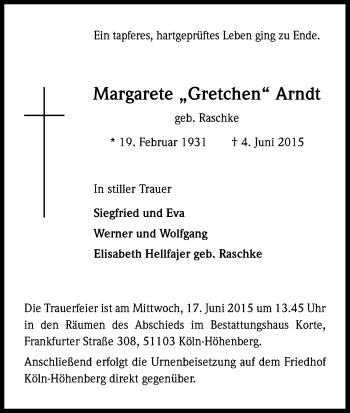 Anzeige von Margarete Arndt von Kölner Stadt-Anzeiger / Kölnische Rundschau / Express