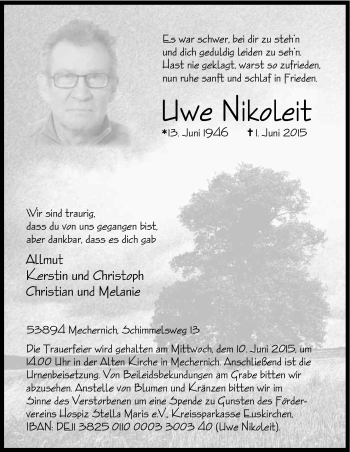 Anzeige von Uwe Nikoleit von Kölner Stadt-Anzeiger / Kölnische Rundschau / Express
