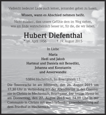 Anzeige von Hubert Diefenthal von  Blickpunkt Euskirchen 