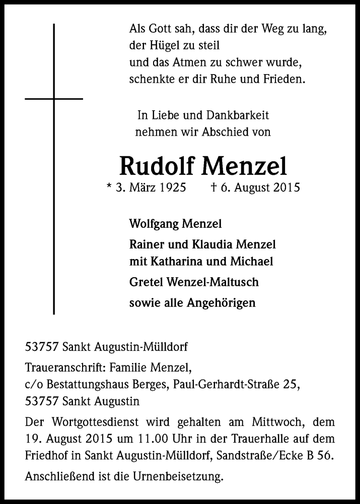  Traueranzeige für Rudolf Menzel vom 12.08.2015 aus Kölner Stadt-Anzeiger / Kölnische Rundschau / Express