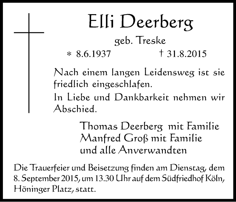  Traueranzeige für Elli Deerberg vom 05.09.2015 aus Kölner Stadt-Anzeiger / Kölnische Rundschau / Express