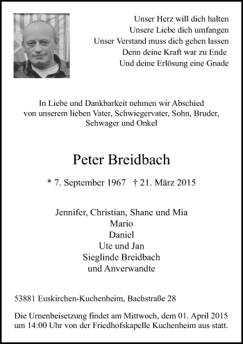 Anzeige von Peter Breidbach von  Blickpunkt Euskirchen 