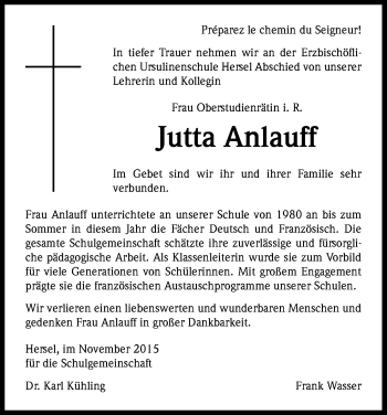 Anzeige von Jutta Anlauff von Kölner Stadt-Anzeiger / Kölnische Rundschau / Express