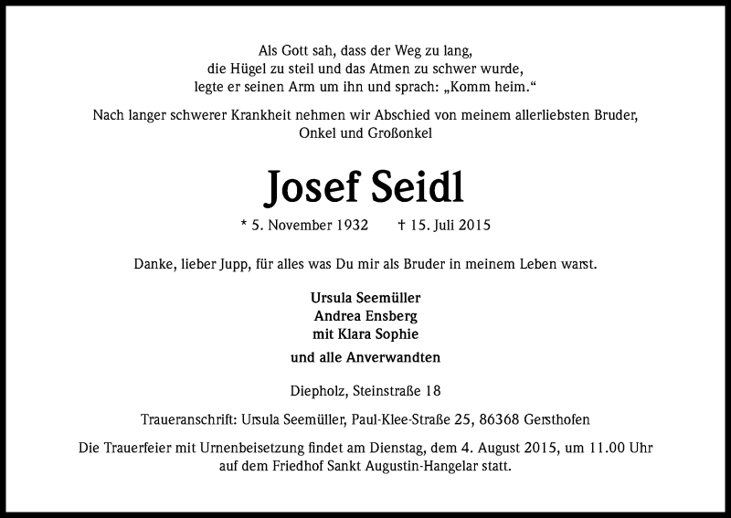  Traueranzeige für Josef Seidl vom 01.08.2015 aus Kölner Stadt-Anzeiger / Kölnische Rundschau / Express