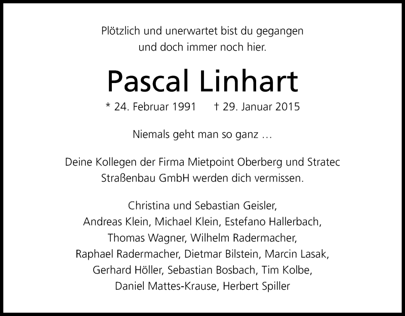  Traueranzeige für Pascal Linhart vom 03.02.2015 aus Kölner Stadt-Anzeiger / Kölnische Rundschau / Express