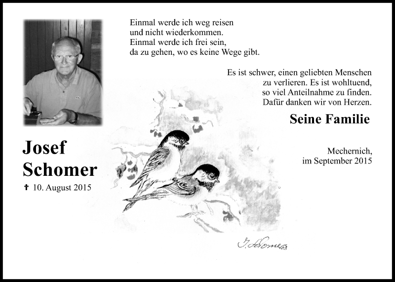  Traueranzeige für Josef Schomer vom 20.09.2015 aus  Blickpunkt Euskirchen 