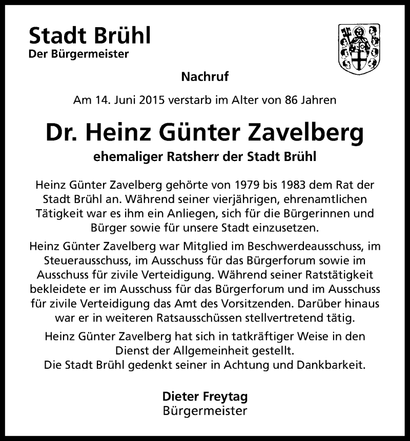  Traueranzeige für Heinz Günter Zavelberg vom 18.06.2015 aus Kölner Stadt-Anzeiger / Kölnische Rundschau / Express