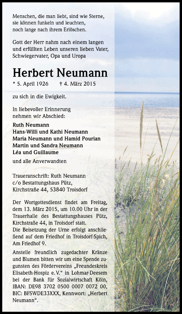  Traueranzeige für Herbert Neumann vom 07.03.2015 aus Kölner Stadt-Anzeiger / Kölnische Rundschau / Express