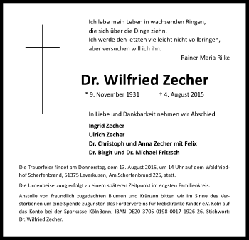 Anzeige von Wilfried  Zecher von Kölner Stadt-Anzeiger / Kölnische Rundschau / Express