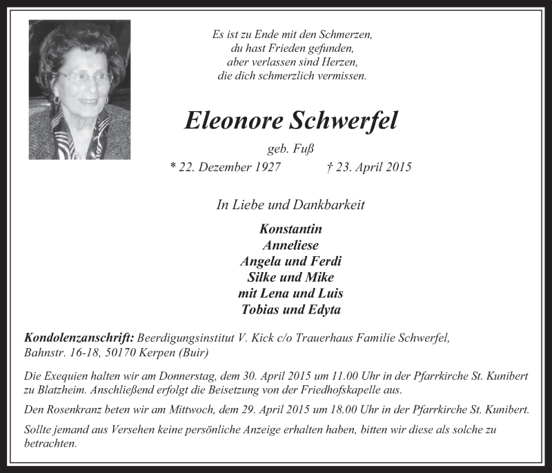  Traueranzeige für Eleonore Schwerfel vom 29.04.2015 aus  Werbepost 