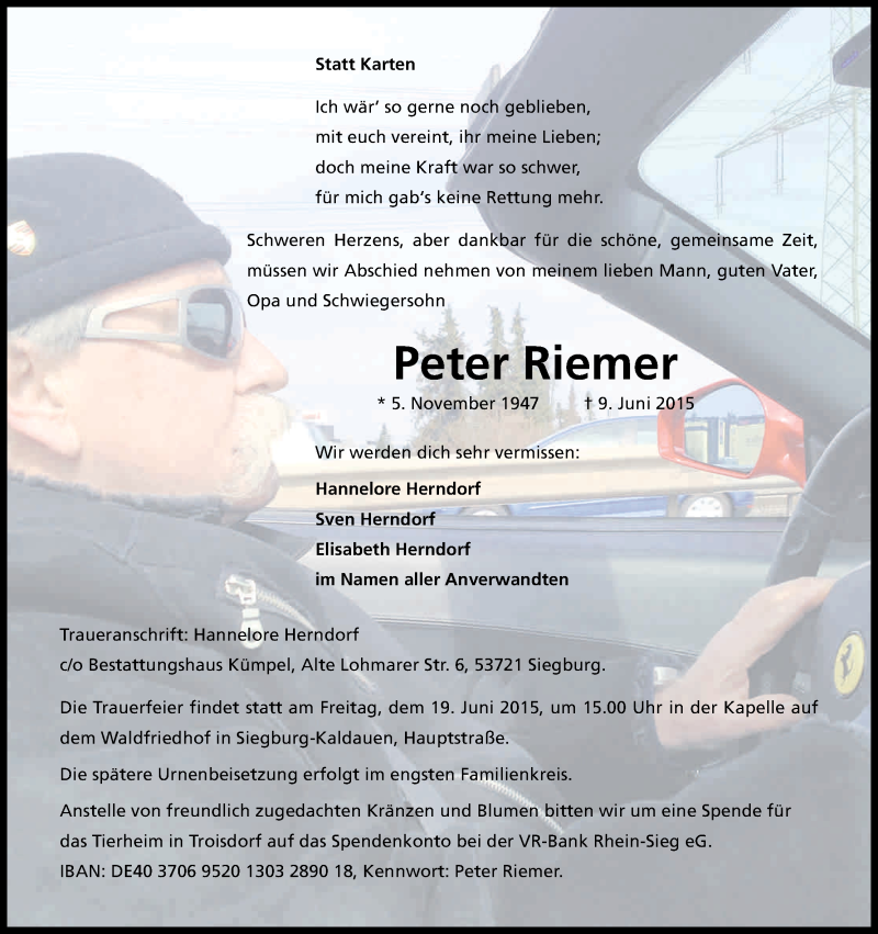  Traueranzeige für Peter Riemer vom 13.06.2015 aus Kölner Stadt-Anzeiger / Kölnische Rundschau / Express