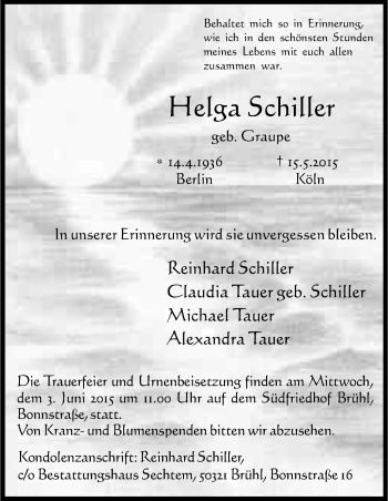 Anzeige von Helga Schiller von Kölner Stadt-Anzeiger / Kölnische Rundschau / Express