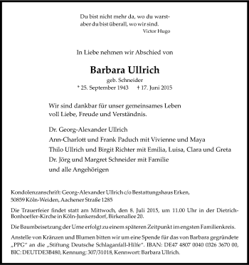 Anzeige von Barbara Ullrich von Kölner Stadt-Anzeiger / Kölnische Rundschau / Express