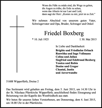 Anzeige von Friedel Boxberg von Kölner Stadt-Anzeiger / Kölnische Rundschau / Express