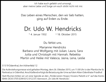 Anzeige von Udo  Hendricks von Kölner Stadt-Anzeiger / Kölnische Rundschau / Express