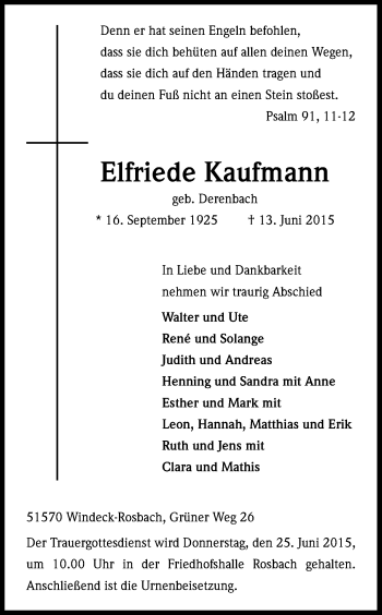 Anzeige von Elfriede Kaufmann von Kölner Stadt-Anzeiger / Kölnische Rundschau / Express